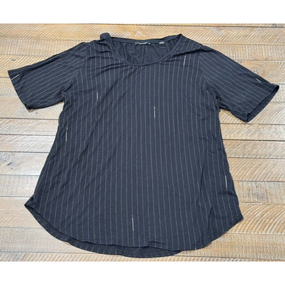 T Tahari Black Horizontal Stripe Basic T-Shirt Rayon Blend - Size L